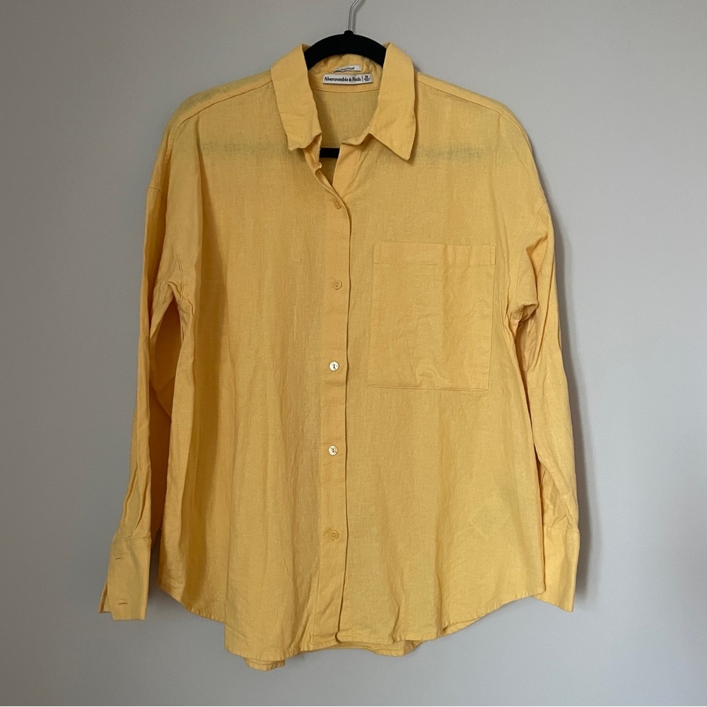 Yellow Linen Blend Long Sleeve Button Up